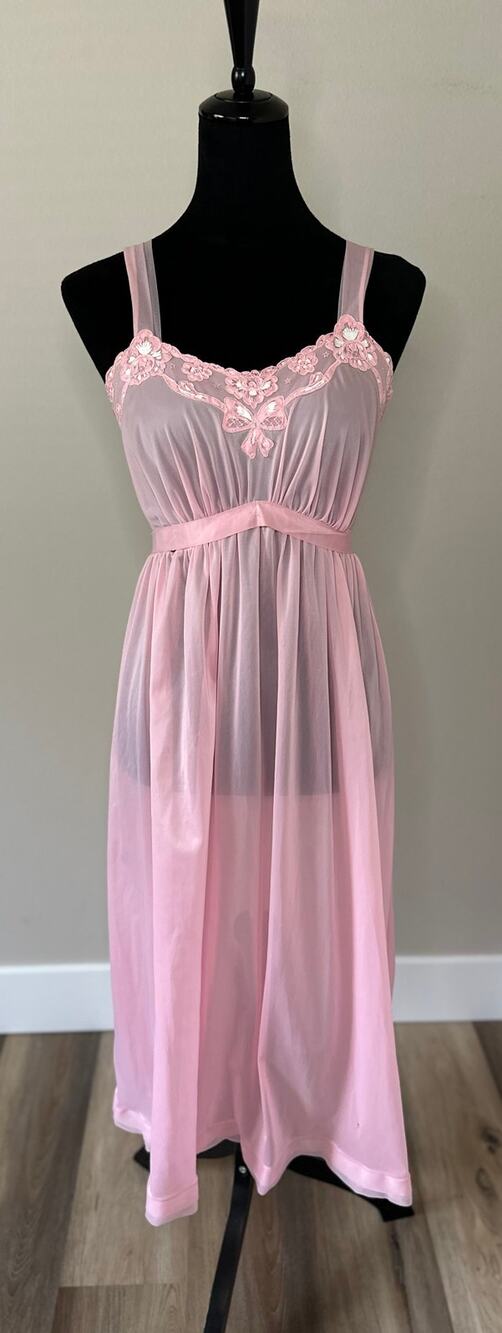 VINTAGE 1960's ROGERS Embroidered Bow Motif Sheer Pink Nightgown Size S